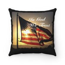 Load image into Gallery viewer, &#39;Star-Spangled Inspirations&#39; Decorative Square Pillow [In God We Trust (side 1) &amp; God Bless America (side 2)] w/ black border